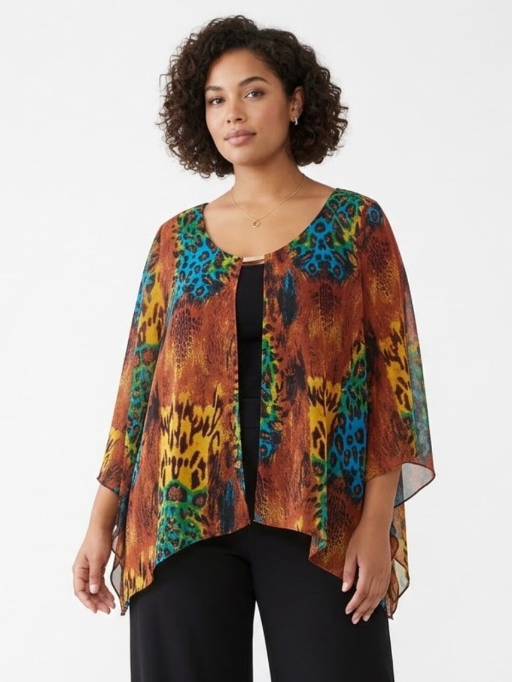 Ashley Stewart Blouse Rust Blue Leopard Avant Garde Flowy Cold Shoulder 22/24